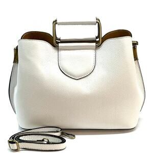Isadora Handbag White Pebbled Italian Leather Top Metal Handle Bag